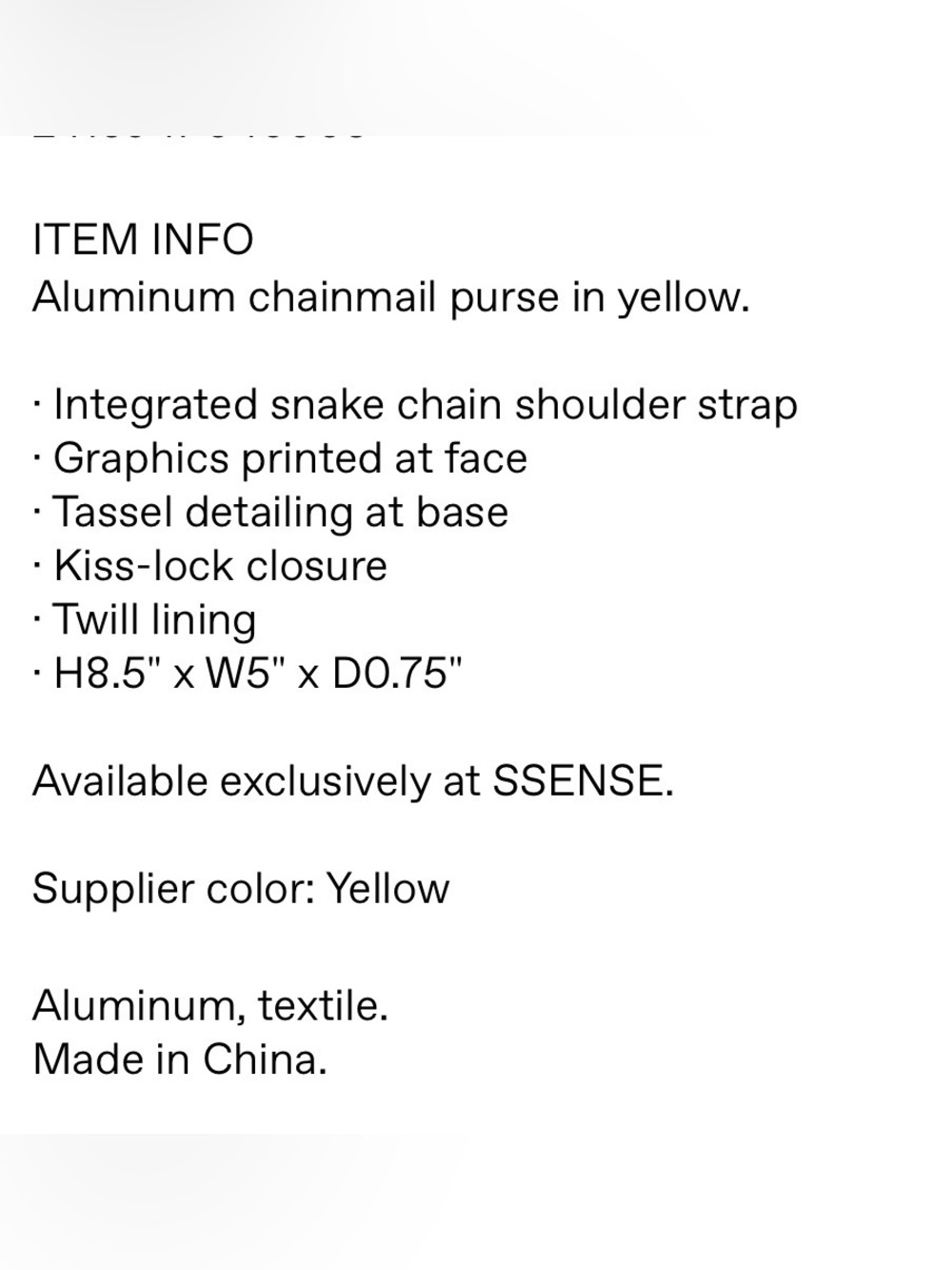 Anna Sui Yellow chain mail purse from Ssense. Like new. - Picture 5 of 5